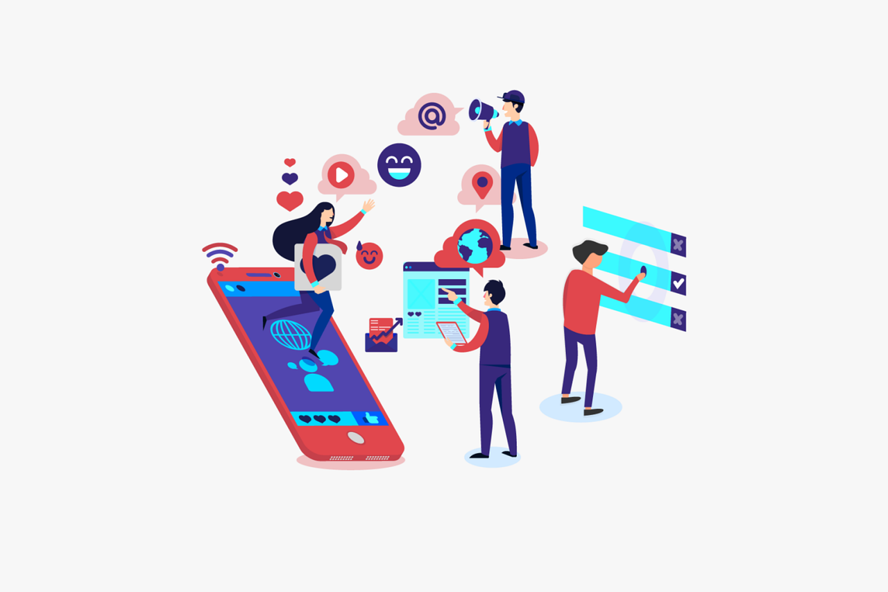 Eine Grafik mit vielen digitalen Icons, wie z.B. ein @-Zeichen, Smileys, mit einem Handy und vier Personen, die mit den dargestellten Tools interagieren. Die Farben sind rot, blau und türkis.