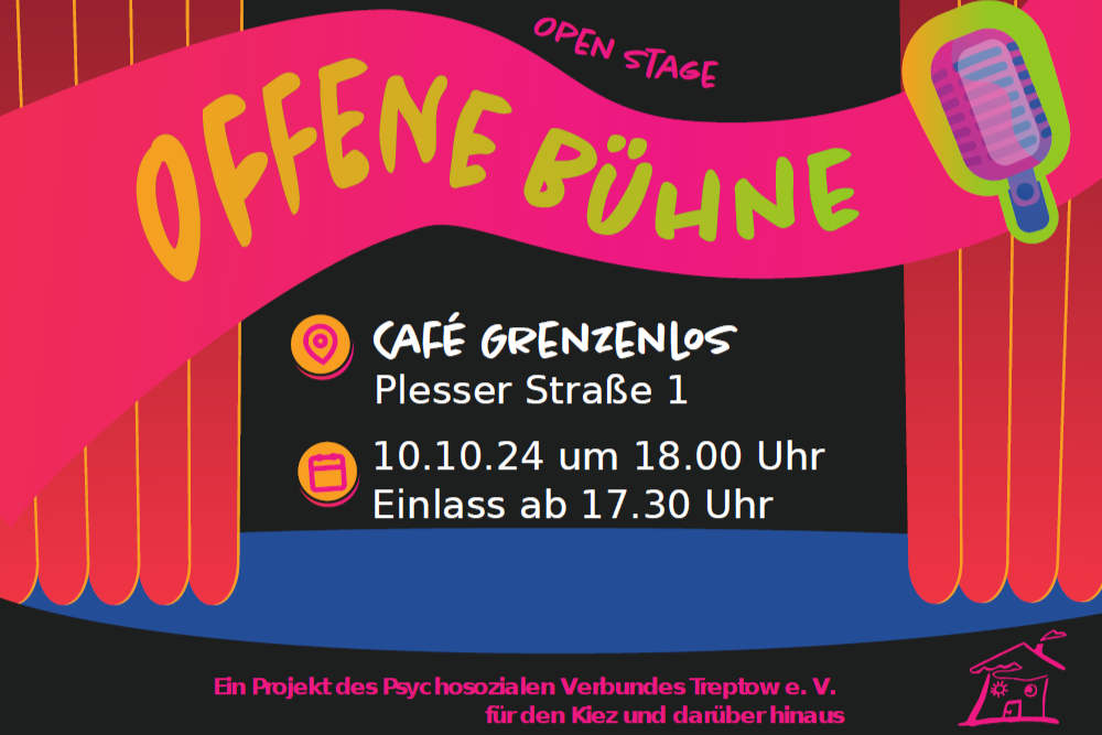 Werbebanner für die Veranstaltungsreihe "Offene Bühne" und Infos zum Datum und Ort.