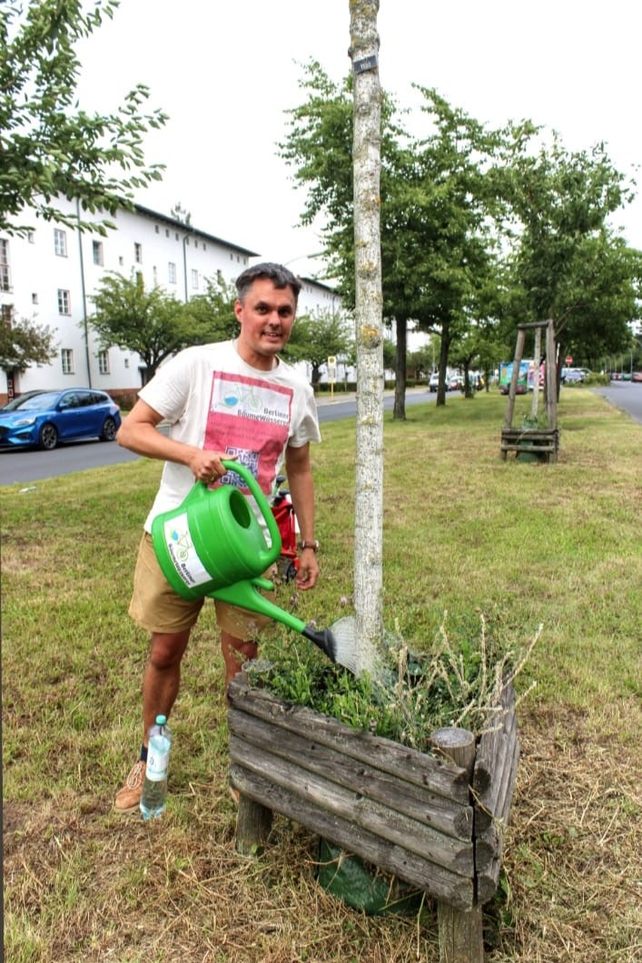 Ein Mann mit kurzen braunen Haaren gießt einen Baum mit einer grünen Gießkanne auf einem Grünstreifen zwischen zwei Straßen.