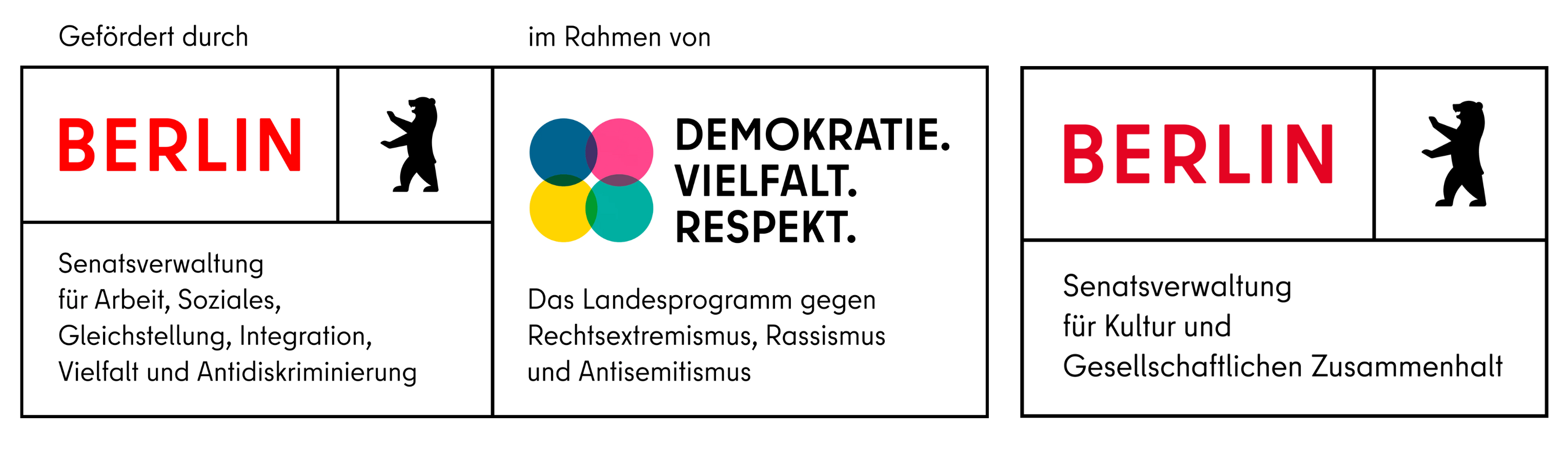 Logo der Senatsverwaltung für Arbeit, Soziales, Gleichstellung, Integration, Vielfalt und Antidiskriminierung sowie der Senatsverwaltung für Kultur und Gesellschaftlichen Zusammenhalt.