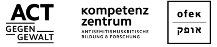 Logo von 'Act gegen Gewalt', mit dem Zusatz 'Kompetenzzentrum Antisemitismuskritische Bildung & Forschung' und 'ofek' in schwarzer Schrift auf weißem Hintergrund.